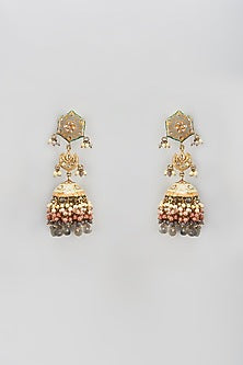 Gold Finish Semi-Precious Stone & Pearl Meenakari Dangler Earrings