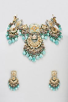 Gold Finish Semi-Precious Stone & Pearl Meenakari Necklace Set