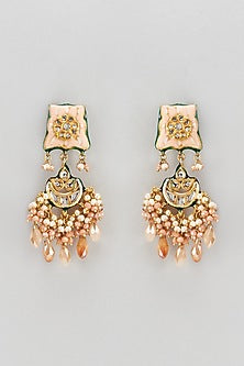 Gold Finish Semi-Precious Stone & Pearl Meenakari Dangler Earrings
