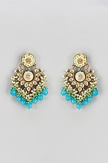 Gold Finish Semi-Precious Stone & Pearl Meenakari Dangler Earrings