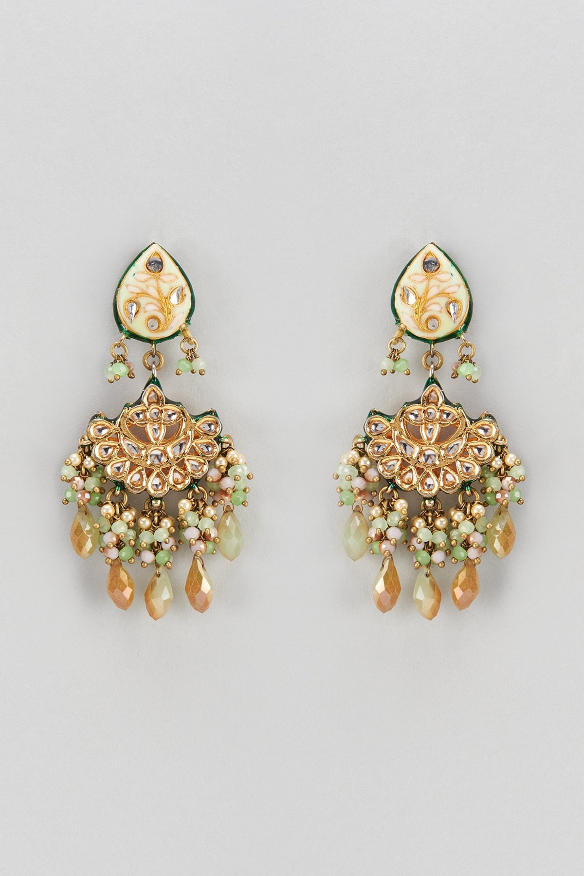 Gold Finish Semi-Precious Stone & Pearl Meenakari Dangler Earrings