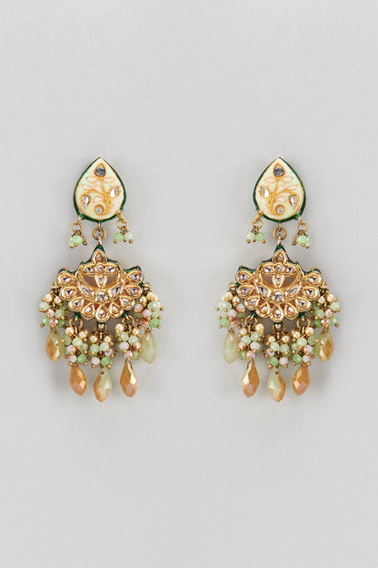 Gold Finish Semi-Precious Stone & Pearl Meenakari Dangler Earrings
