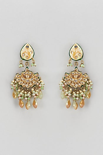 Gold Finish Semi-Precious Stone & Pearl Meenakari Dangler Earrings
