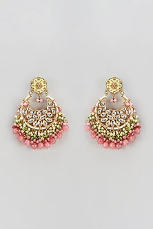 Gold Finish Semi-Precious Stone & Pearl Meenakari Dangler Earrings