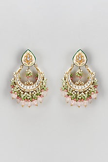 Gold Finish Semi-Precious Stone & Pearl Meenakari Dangler Earrings