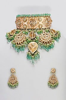 Gold Finish Semi-Precious Stone & Pearl Meenakari Necklace Set