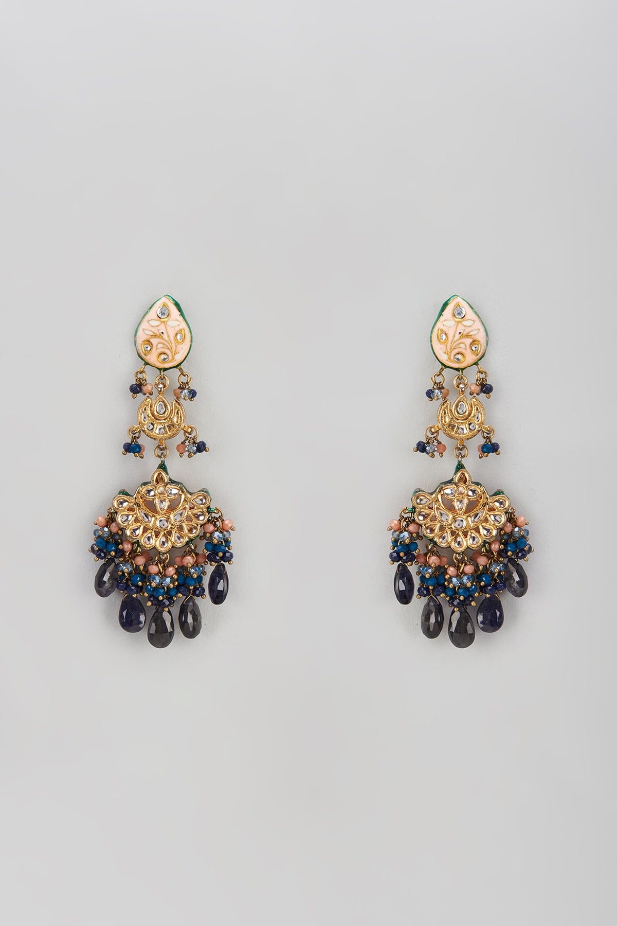Gold Finish Semi-Precious Stone & Pearl Meenakari Dangler Earrings
