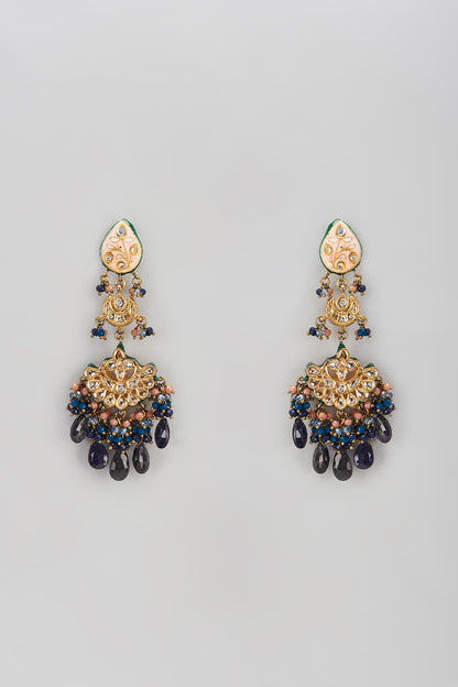 Gold Finish Semi-Precious Stone & Pearl Meenakari Dangler Earrings