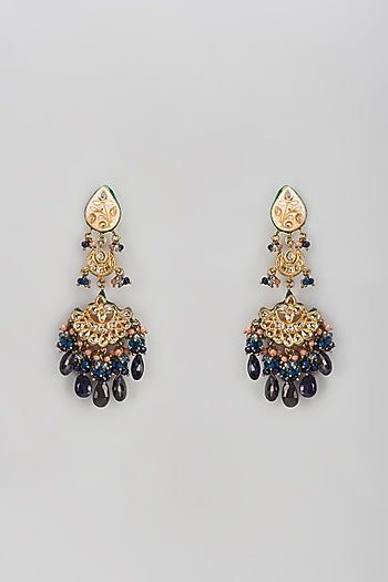 Gold Finish Semi-Precious Stone & Pearl Meenakari Dangler Earrings