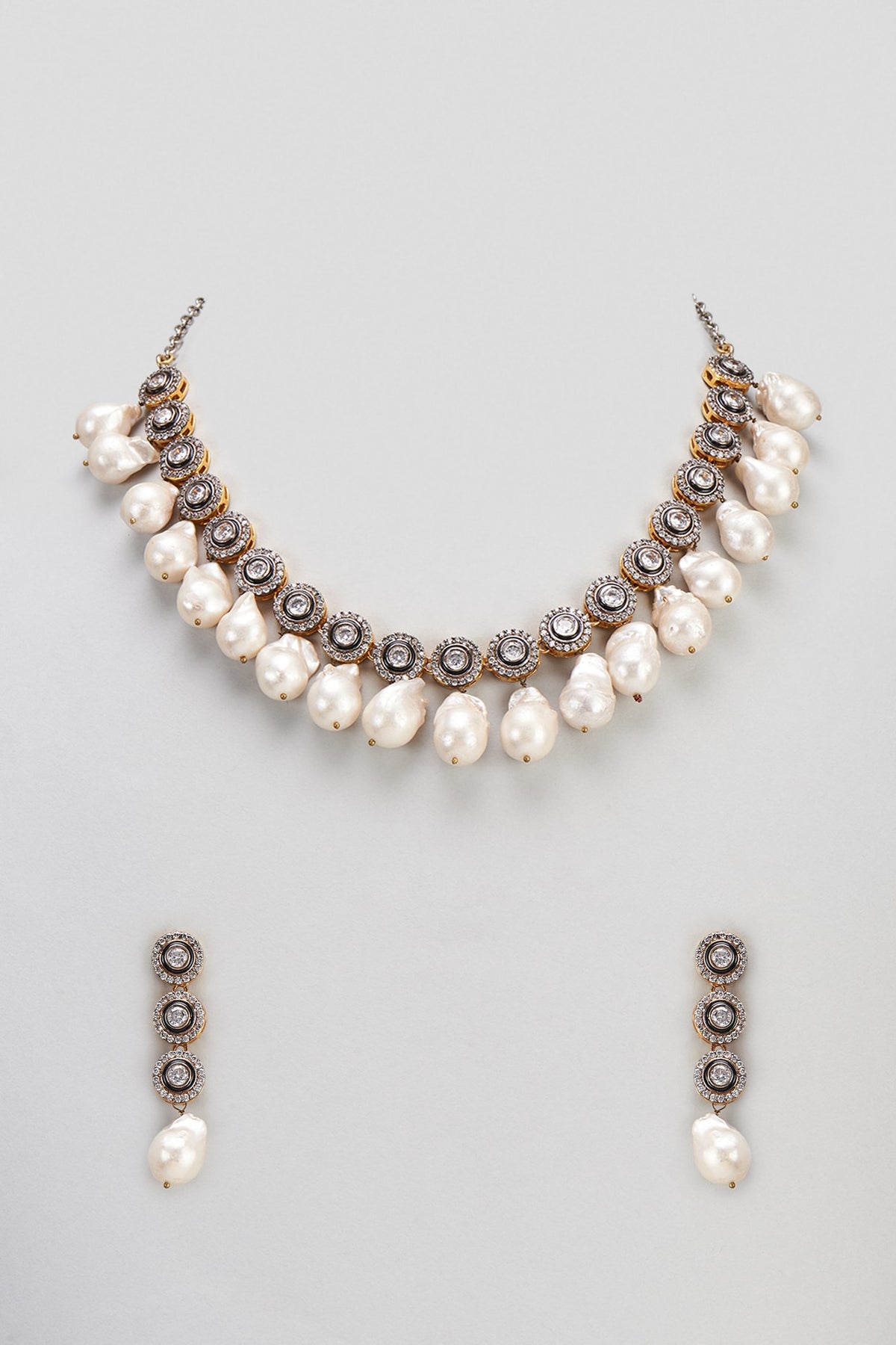 Two-Tone Finish Zircon & Pearl Necklace Set