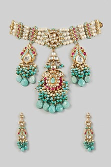 Gold Plated Choker Necklace Set with Firoza