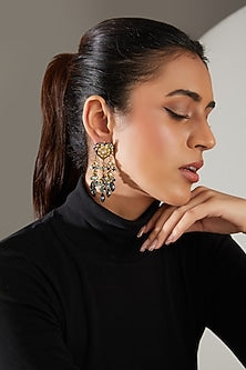 Gold Finish Blue Onyx & Semi-Precious Stone Meenakari Dangler Earrings