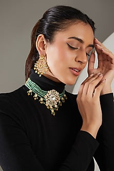 Gold Finish Kundan Polki & Emerald Necklace Set