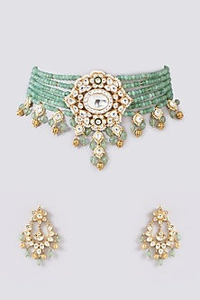 Gold Finish Kundan Polki & Emerald Necklace Set