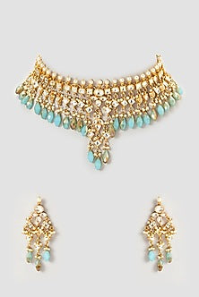 Gold Plated Kundan Polki & Semi-Precious Stone Choker Necklace Set
