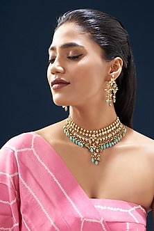 Gold Plated Kundan Polki & Semi-Precious Stone Choker Necklace Set