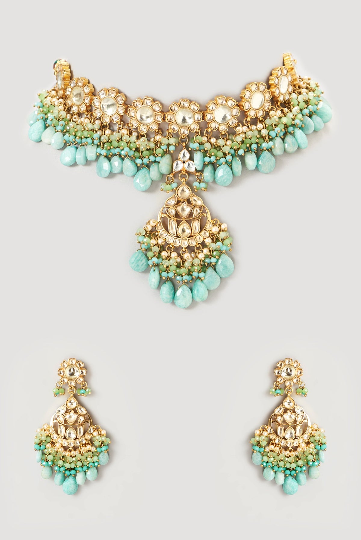Gold Plated Kundan Polki & Semi-Precious Stone Choker Necklace Set