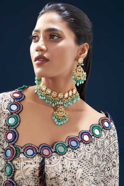 Gold Plated Kundan Polki & Semi-Precious Stone Choker Necklace Set