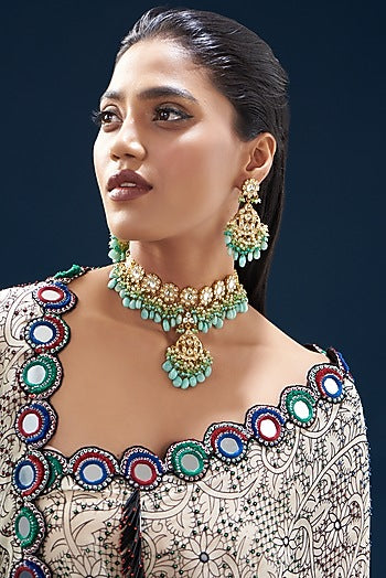 Gold Plated Kundan Polki & Semi-Precious Stone Choker Necklace Set