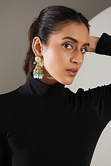 Gold Finish Turquoise Onyx & Pearl Meenakari Dangler Earrings