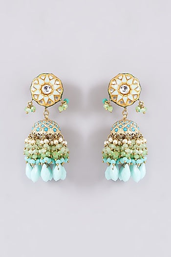 Gold Finish Turquoise Onyx & Pearl Meenakari Dangler Earrings