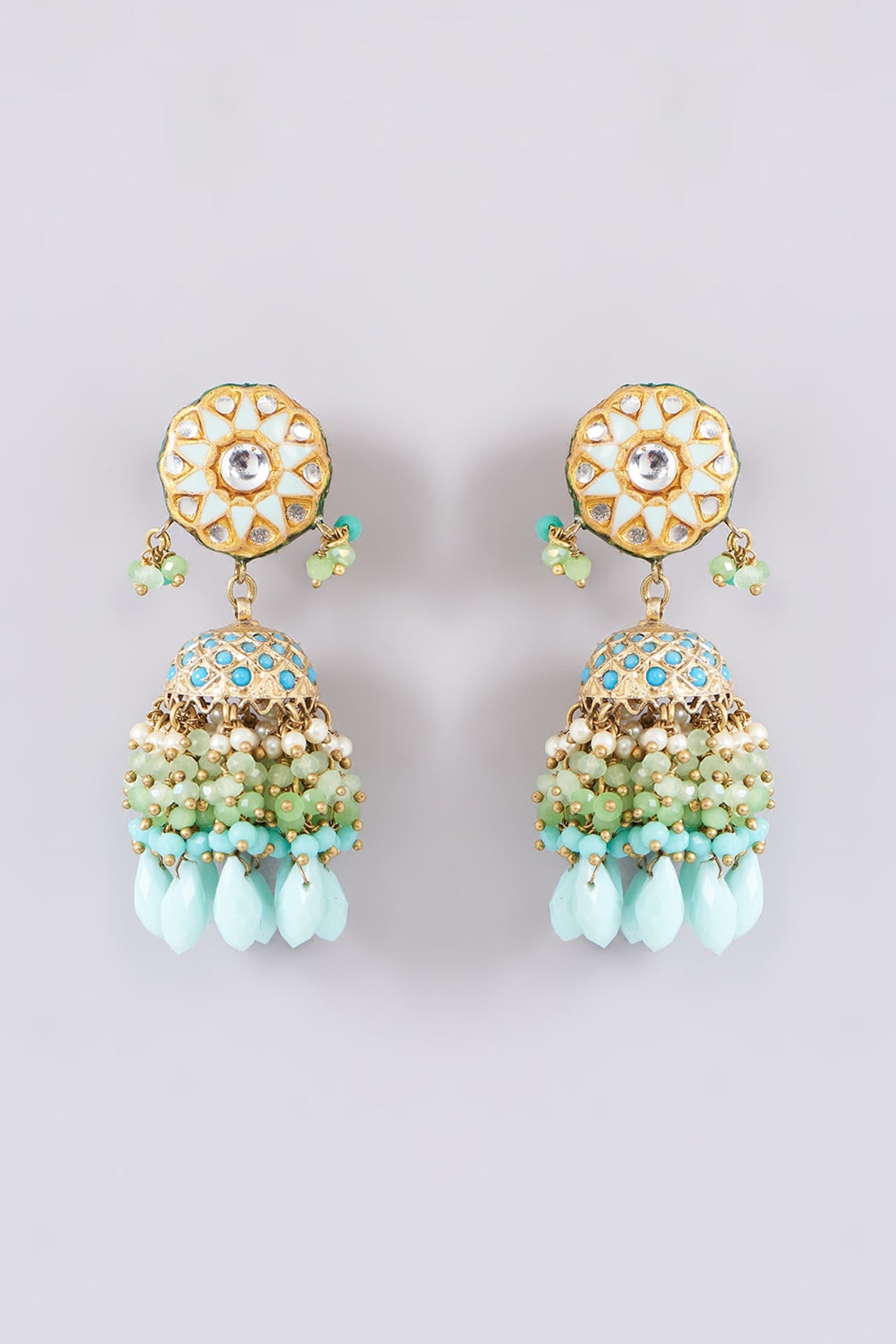 Gold Finish Turquoise Onyx & Pearl Meenakari Dangler Earrings