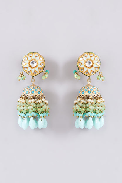 Gold Finish Turquoise Onyx & Pearl Meenakari Dangler Earrings