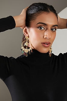 Gold Finish Kundan Polki & Multi-Colored Semi-Precious Stone Dangler Earrings