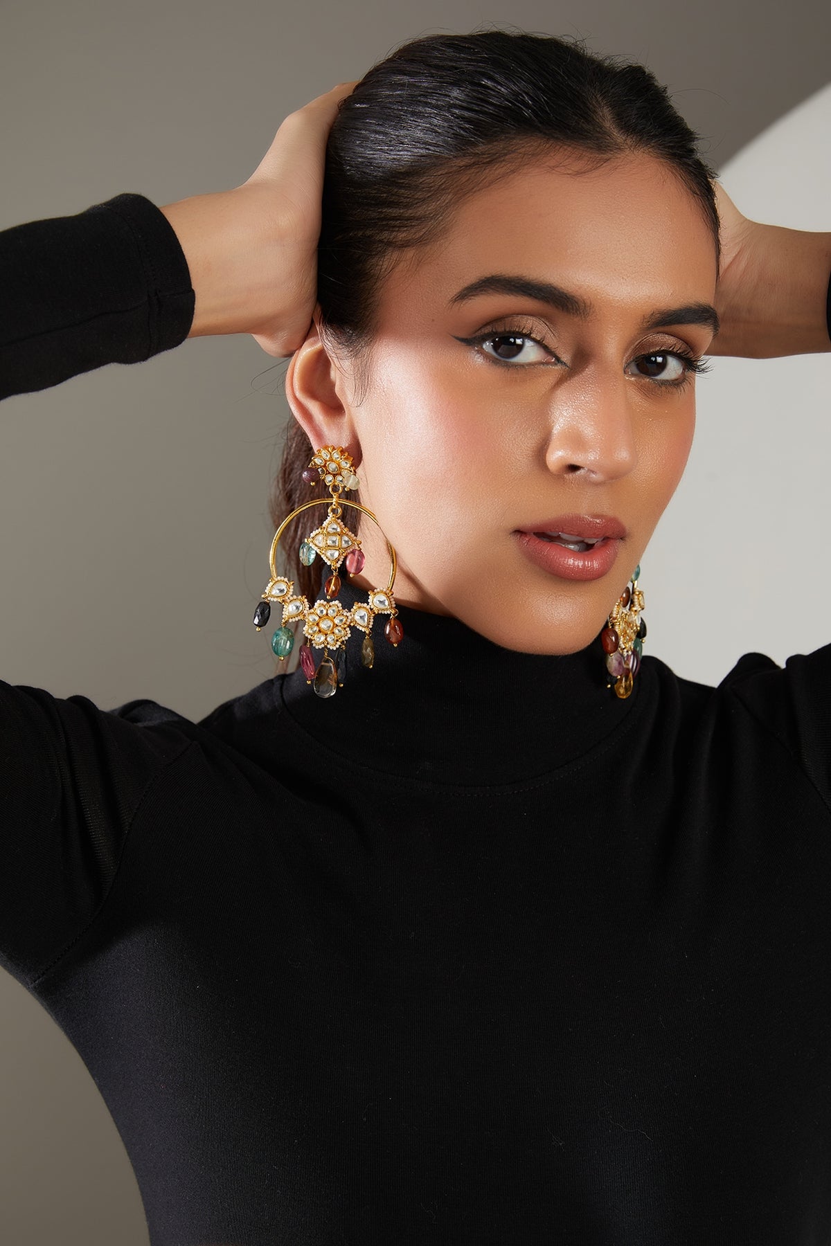 Gold Finish Kundan Polki & Multi-Colored Semi-Precious Stone Dangler Earrings