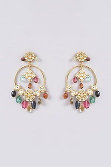Gold Finish Kundan Polki & Multi-Colored Semi-Precious Stone Dangler Earrings