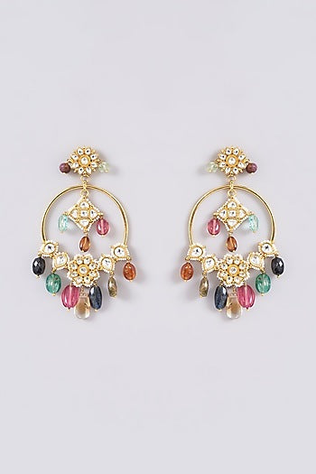 Gold Finish Kundan Polki & Multi-Colored Semi-Precious Stone Dangler Earrings