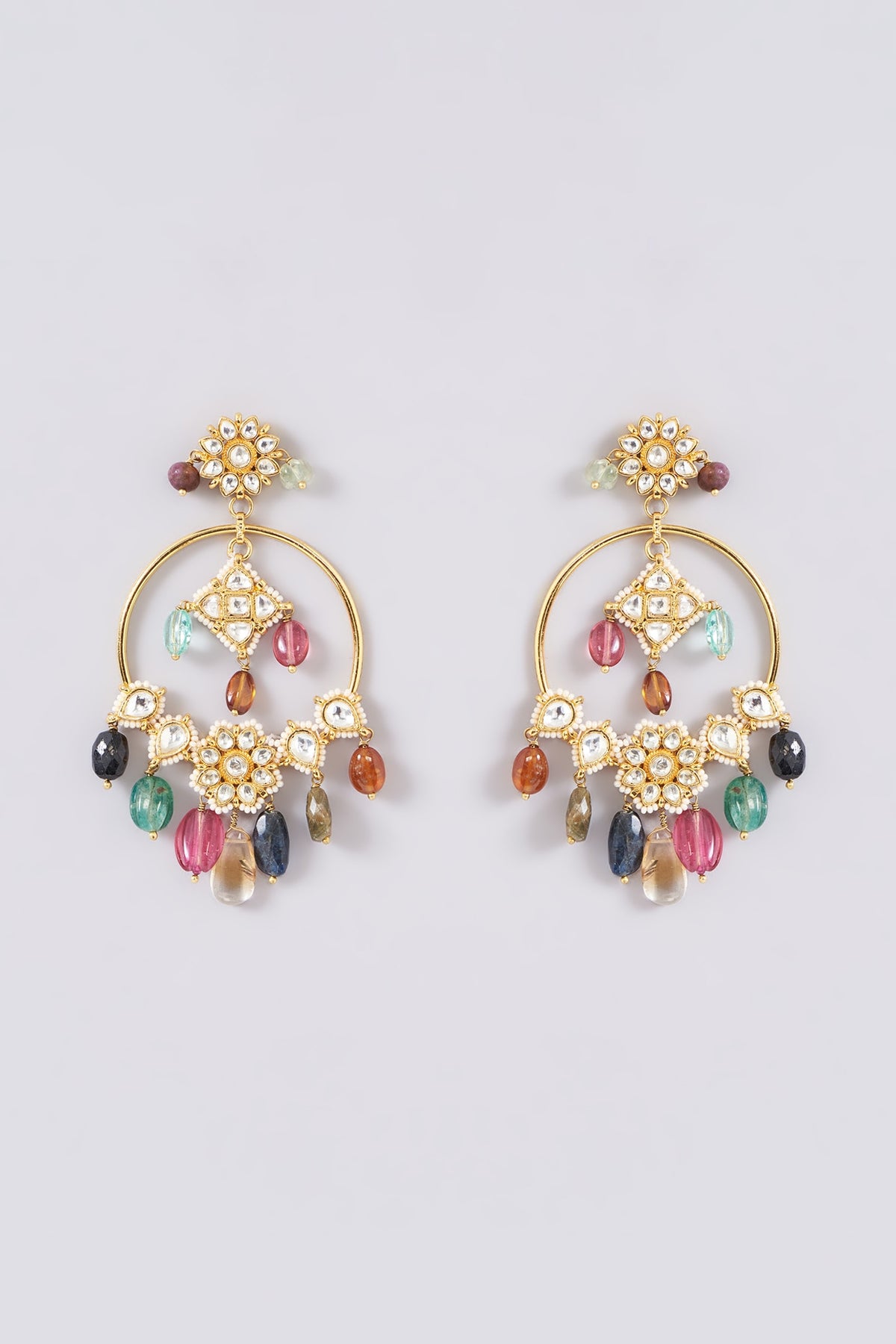 Gold Finish Kundan Polki & Multi-Colored Semi-Precious Stone Dangler Earrings