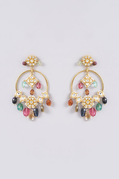 Gold Finish Kundan Polki & Multi-Colored Semi-Precious Stone Dangler Earrings
