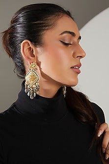Gold Finish Green Semi-Precious Stone & Pearl Meenakari Dangler Earrings