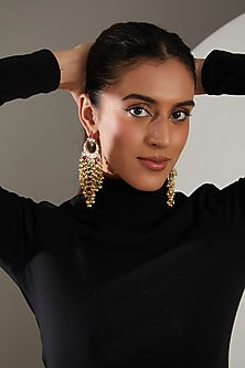 Gold Finish Kundan Polki & Multi-Colored Semi-Precious Stone Dangler Earrings