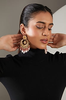 Gold Finish Pink Quartz & Semi-Precious Stone Meenakari Dangler Earrings