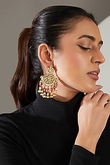 Gold Finish Kundan Polki & Pink Semi-Precious Stone Dangler Earrings