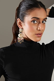 Gold Finish Multi-Colored Semi-Precious Stone & Pearl Meenakari Dangler Earrings