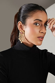 Gold Finish Kundan Polki & Red Semi-Precious Stone Dangler Earrings