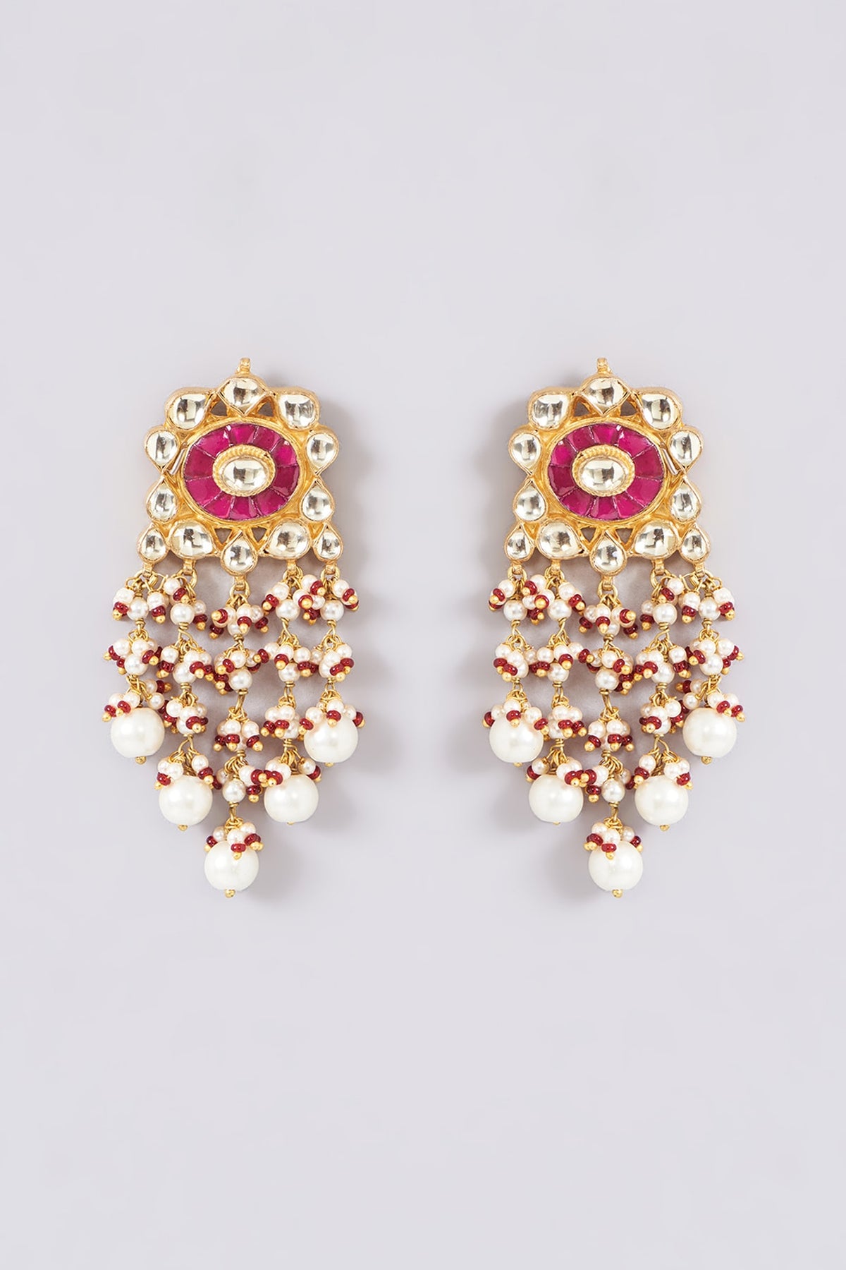Gold Finish Kundan Polki & Red Semi-Precious Stone Dangler Earrings