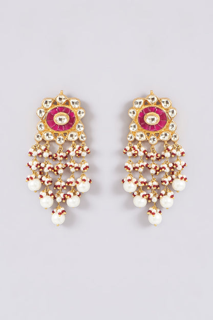 Gold Finish Kundan Polki & Red Semi-Precious Stone Dangler Earrings