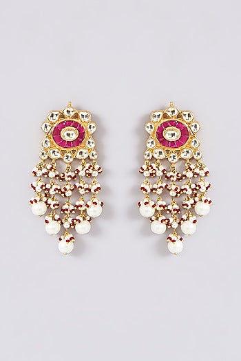 Gold Finish Kundan Polki & Red Semi-Precious Stone Dangler Earrings