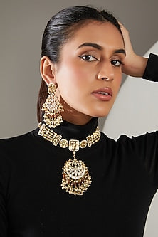 Gold Finish Brown Semi-Precious Stone & Kundan Polki Necklace Set
