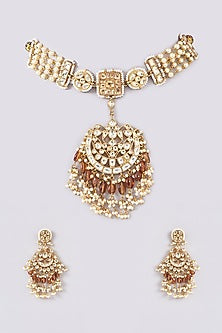 Gold Finish Brown Semi-Precious Stone & Kundan Polki Necklace Set