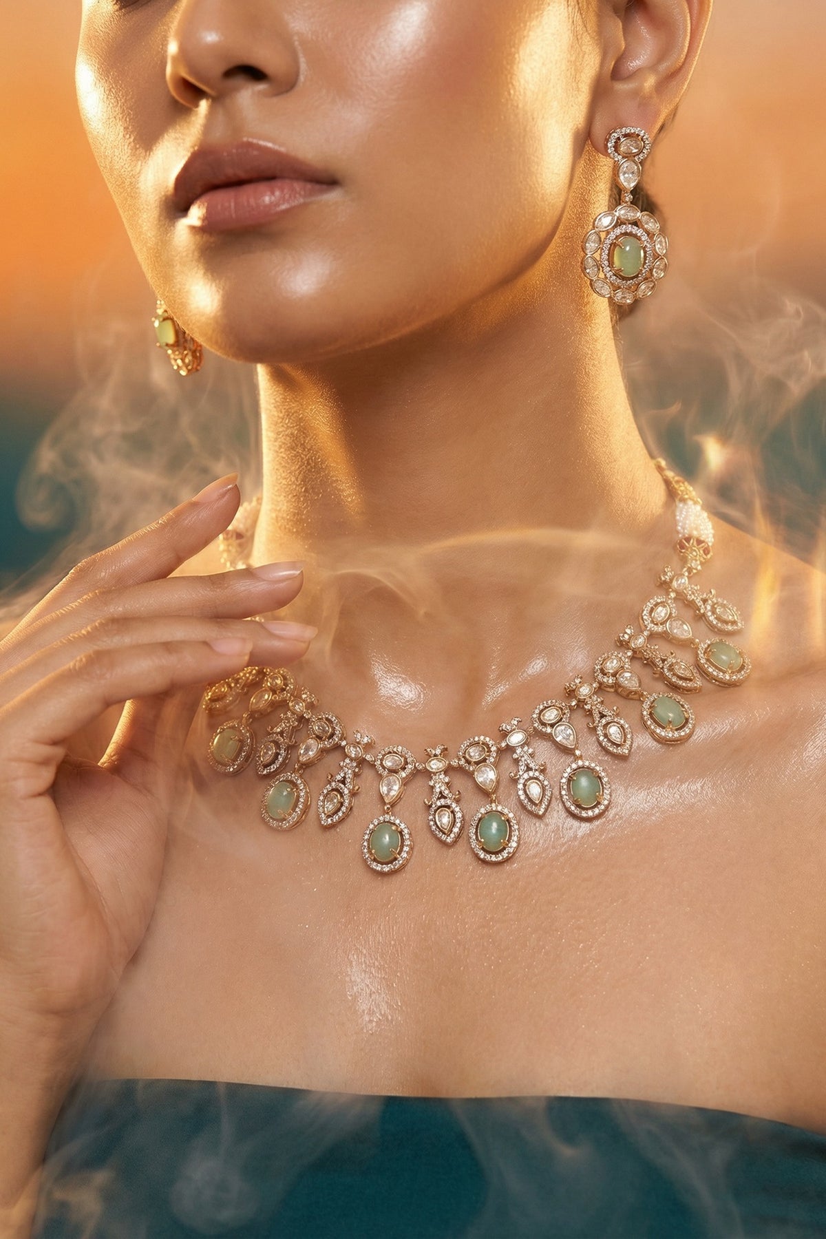 Micro Gold Finish Kundan Polki & Pearl Necklace Set
