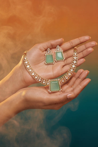 Micro Gold Finish Kundan Polki & Pearl Necklace Set