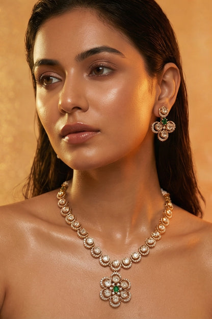 Micro Gold Finish Kundan Polki & Pearl Necklace Set