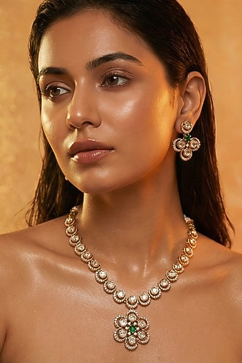 Micro Gold Finish Kundan Polki & Pearl Necklace Set
