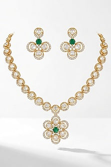 Micro Gold Finish Kundan Polki & Pearl Necklace Set