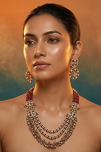 Micro Gold Finish Kundan Polki & Pearl Necklace Set